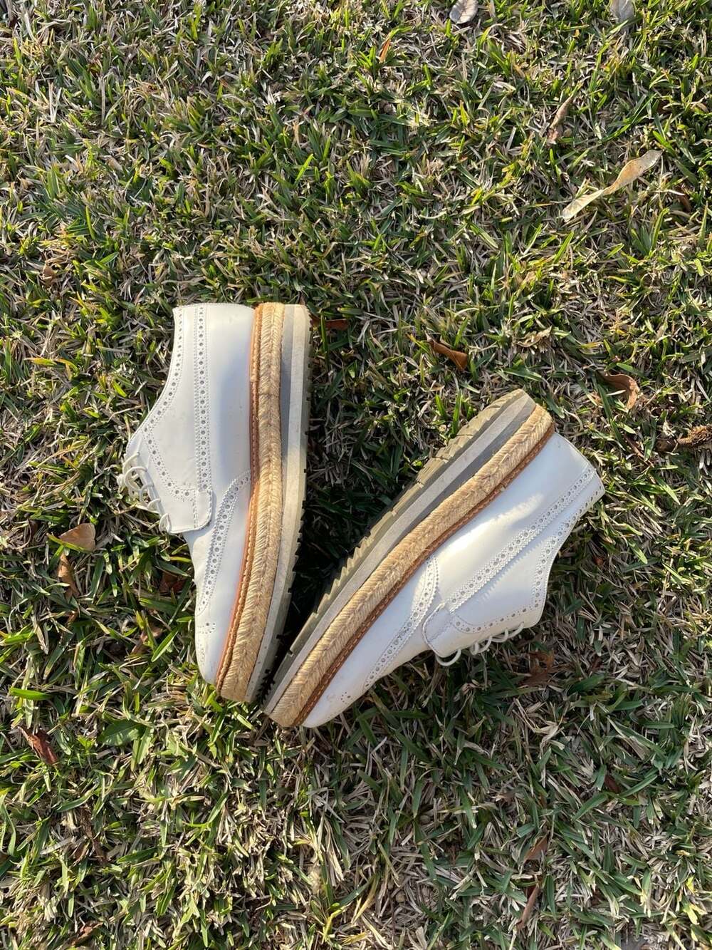 Prada Platform Brogue Espadrille Oxfords in White Leather
